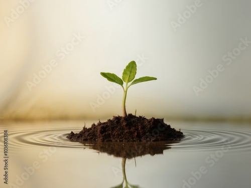 Seedling Growing in Soil with Water Reflection. photo