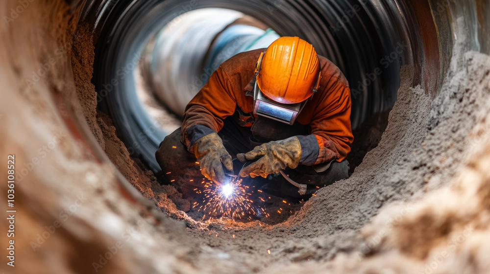 Obraz premium A welder is working inside a pipe, helping build a pipeline to transport natural gas and fuels. This is part of a new project to create clean energy sources for the future.