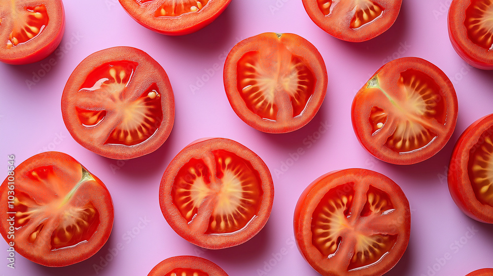 Sliced red tomatoes arranged in a circular pattern on a soft lilac background, with the bright red interiors adding texture and depth. Sliced red tomatoes arranged in a circular pattern on a soft lilac background, with the bright red interiors adding texture and depth.