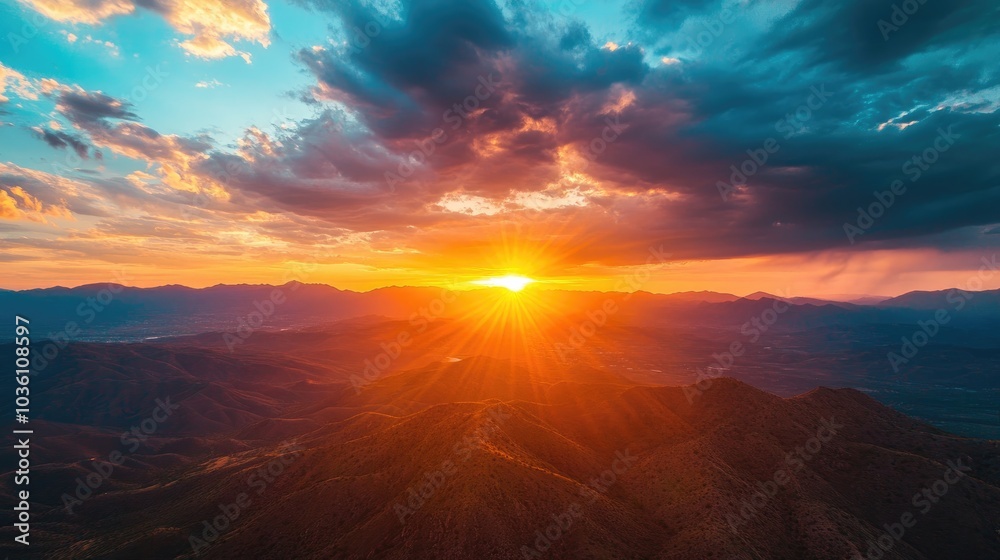 Stunning sunset over a mountainous landscape featuring a vibrant sky and clouds captured from an aerial perspective Stunning sunset over a mountainous landscape featuring a vibrant sky and clouds captured from an aerial perspective