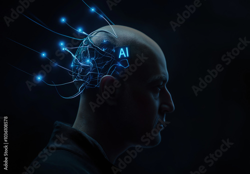 A bald man with glowing blue wires emerging from his head, with the text AI in the top left corner of his hairline. The background is dark and minimalistic. Hyper-realistic photography.