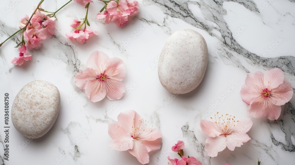 Spa stones paired with pink flowers on a marble surface Spa stones paired with pink flowers on a marble surface