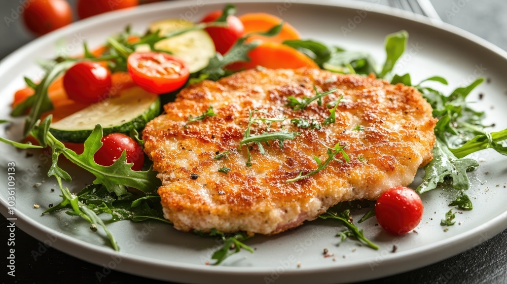 Breaded meat cutlet served with vegetables and arugula reminiscent of a restaurant lunch experience Breaded meat cutlet served with vegetables and arugula reminiscent of a restaurant lunch experience