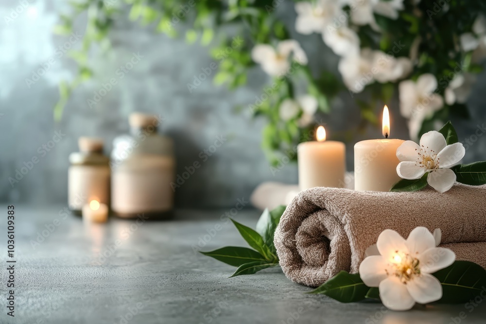 Tranquil spa setting with candles, fresh towels, and blooming flowers creating a relaxing atmosphere Tranquil spa setting with candles, fresh towels, and blooming flowers creating a relaxing atmosphere