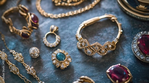 Assorted vintage jewelry collection featuring gold necklaces rings pendants and diamonds with ample copy space available