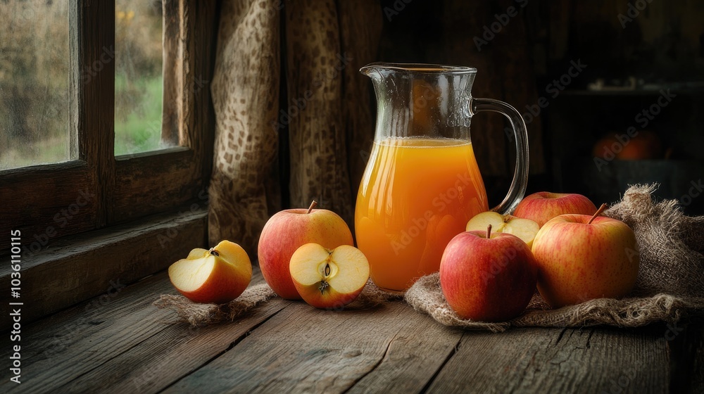 A jug filled with apple juice accompanied by fresh apples placed on a rustic wooden kitchen table A jug filled with apple juice accompanied by fresh apples placed on a rustic wooden kitchen table