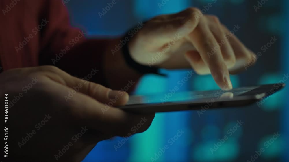 A person uses their fingers to navigate a tablet screen while surrounded by vibrant digital displays in low light, suggesting a high-tech setting A person uses their fingers to navigate a tablet screen while surrounded by vibrant digital displays in low light, suggesting a high-tech setting