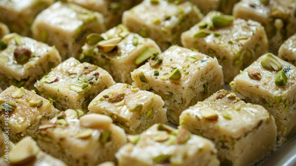 A close-up view highlights a selection of traditional sweets, meticulously arranged and garnished with crushed nuts, perfect for celebration and enjoyment A close-up view highlights a selection of traditional sweets, meticulously arranged and garnished with crushed nuts, perfect for celebration and enjoyment