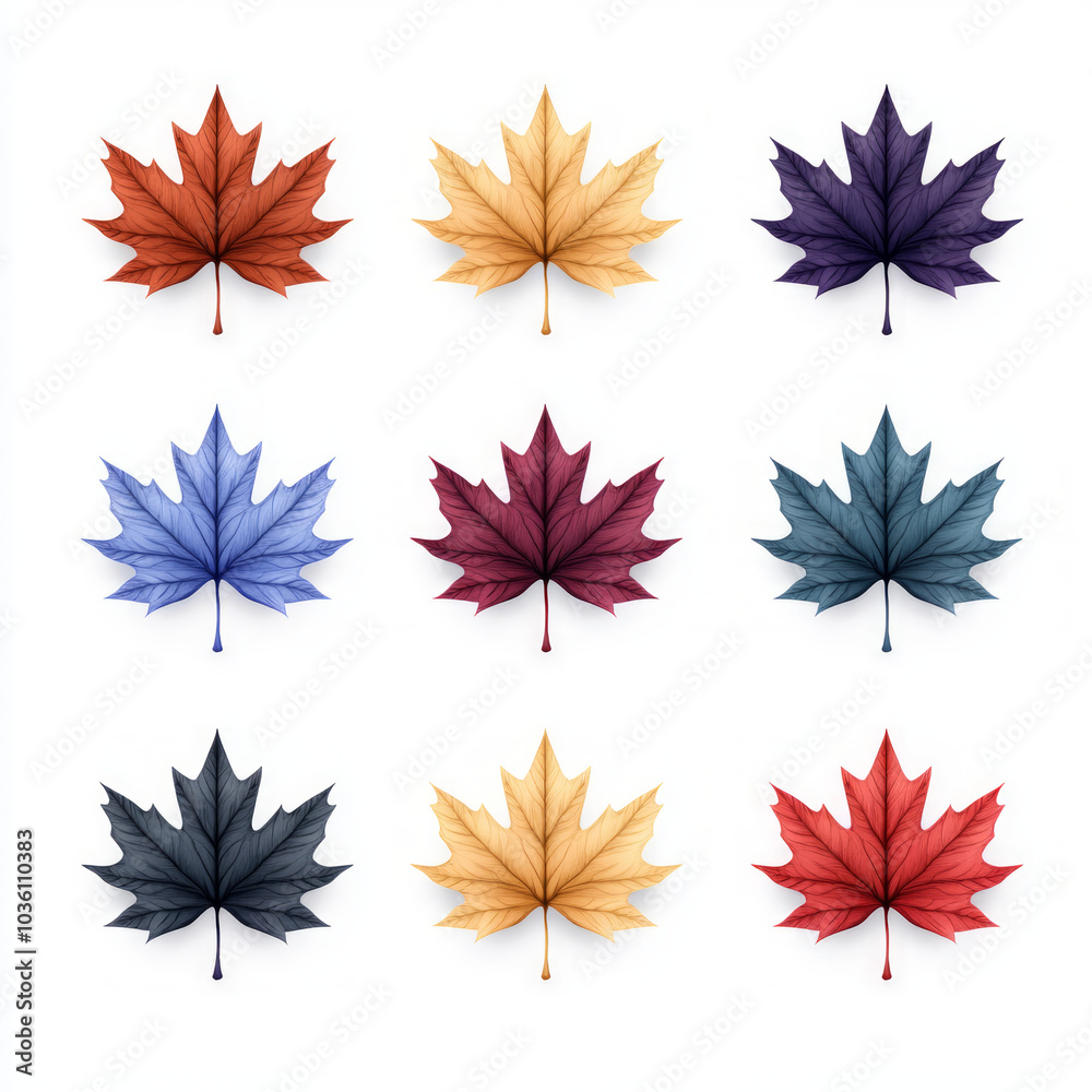 Nine colorful maple leaves arranged in rows, perfect for fall designs. Nine colorful maple leaves arranged in rows, perfect for fall designs.