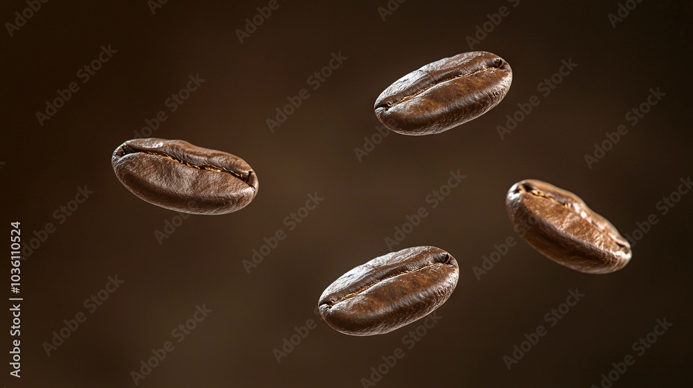 Three floating coffee beans against a brown background, with additional beans visible in the air Three floating coffee beans against a brown background, with additional beans visible in the air