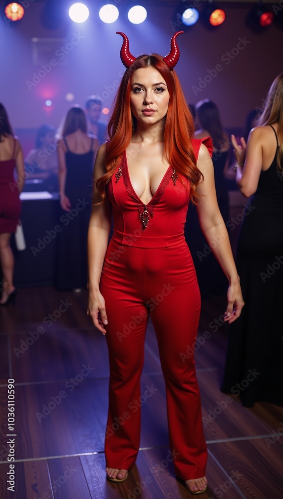 Woman wearing a red outfit with horns in a nightclub scene Woman wearing a red outfit with horns in a nightclub scene