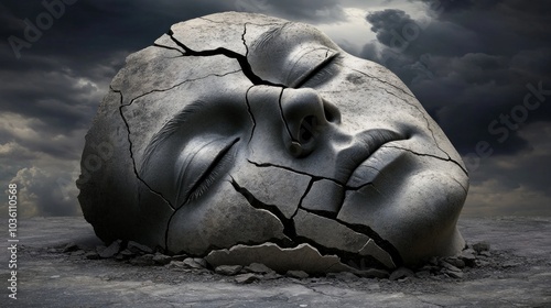 The cracked stone face lies on a desolate terrain, merging art and nature, while ominous clouds loom overhead, conveying a haunting sense of stillness and reflection