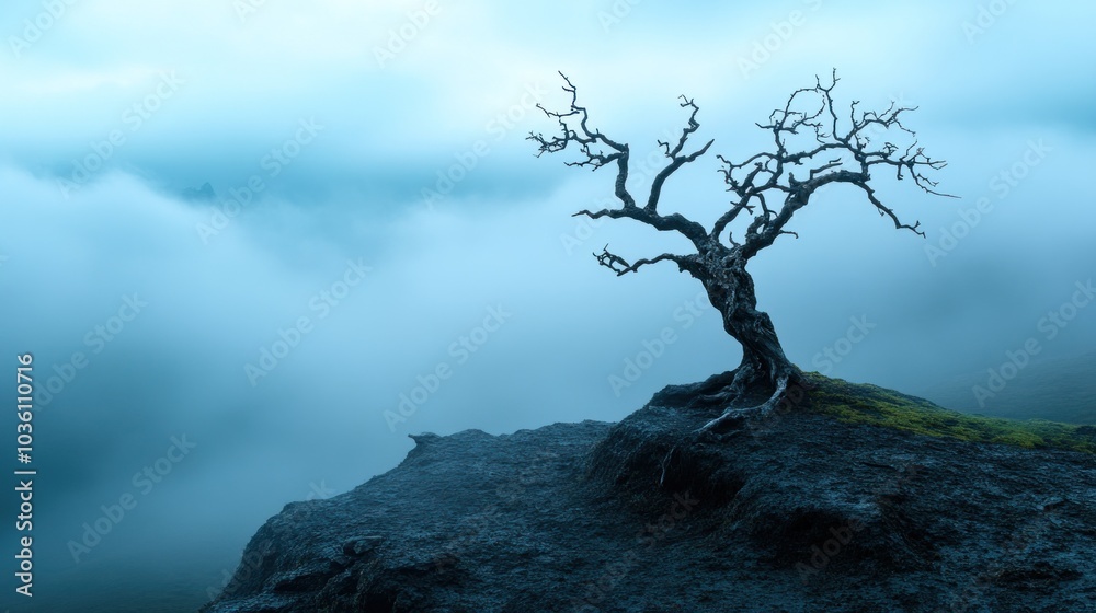 Beneath a veil of mist, a bare tree rises from a rocky cliff, silhouetted against a backdrop of soft twilight hues, evoking a peaceful yet haunting feeling in nature Beneath a veil of mist, a bare tree rises from a rocky cliff, silhouetted against a backdrop of soft twilight hues, evoking a peaceful yet haunting feeling in nature