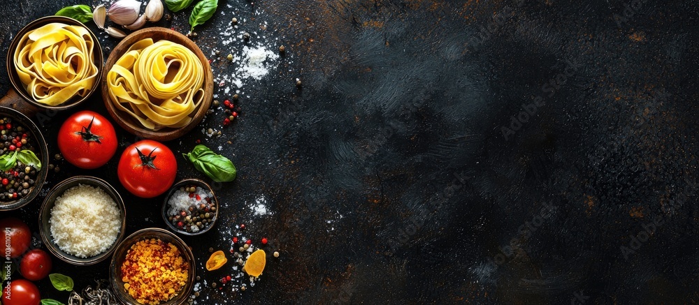Pasta And Ingredients For Cooking On Dark Background Top View Italian Food Concept Copy Space Pasta And Ingredients For Cooking On Dark Background Top View Italian Food Concept Copy Space