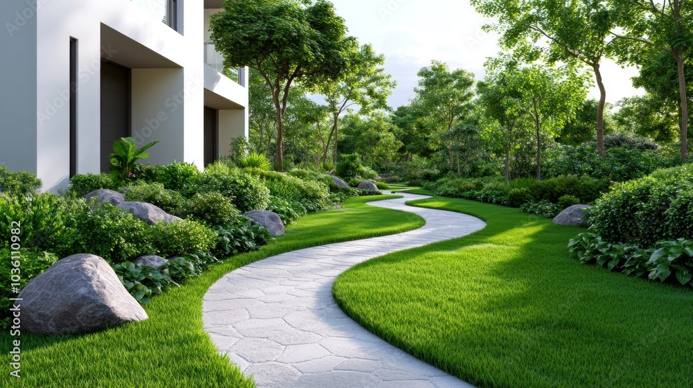 Sustainable landscape design being implemented around a new housing development, showcasing the integration of nature and eco-friendly urban planning Sustainable landscape design being implemented around a new housing development, showcasing the integration of nature and eco-friendly urban planning