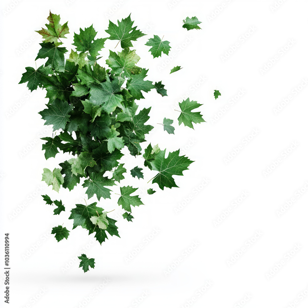 Green leaves falling on white background. Green leaves falling on white background.