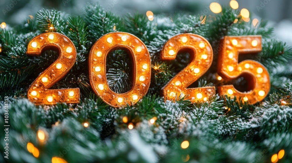 The glowing numbers 2025 sit amidst lush green pine branches dusted with snow, enhancing the festive spirit of the winter season as decorative lights twinkle around them The glowing numbers 2025 sit amidst lush green pine branches dusted with snow, enhancing the festive spirit of the winter season as decorative lights twinkle around them