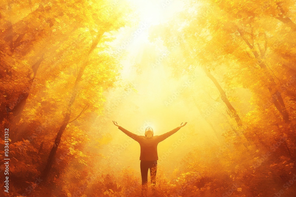A peaceful, photorealistic image of a person standing in the middle of a sunlit forest, arms stretched out A peaceful, photorealistic image of a person standing in the middle of a sunlit forest, arms stretched out