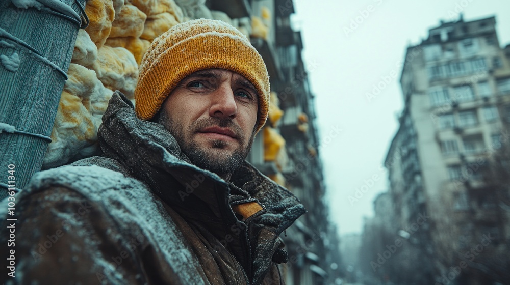 The man, dressed warmly in a winter coat and a yellow beanie, gazes thoughtfully while standing against a backdrop of snow-covered buildings, capturing the essence of urban life in winter The man, dressed warmly in a winter coat and a yellow beanie, gazes thoughtfully while standing against a backdrop of snow-covered buildings, capturing the essence of urban life in winter