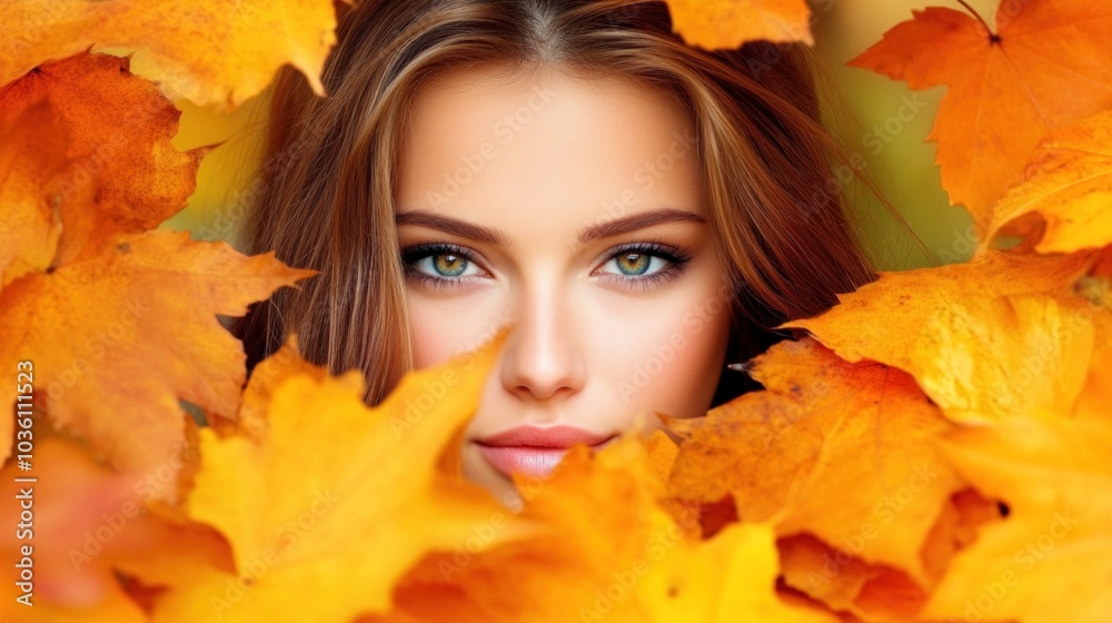 A young woman gazes directly at the viewer, framed by bright orange and yellow autumn leaves. Her captivating green eyes shine in the warm glow of a sunny day, creating a serene atmosphere A young woman gazes directly at the viewer, framed by bright orange and yellow autumn leaves. Her captivating green eyes shine in the warm glow of a sunny day, creating a serene atmosphere