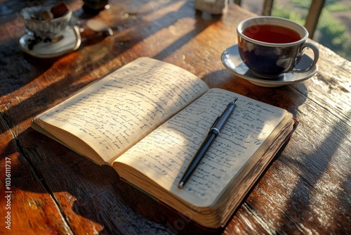 A photorealistic close-up of a neatly opened journal on a wooden table, next to a cup of tea