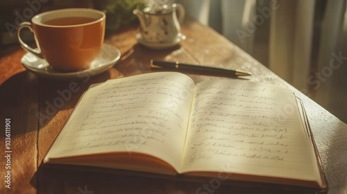 A photorealistic close-up of a neatly opened journal on a wooden table, next to a cup of tea