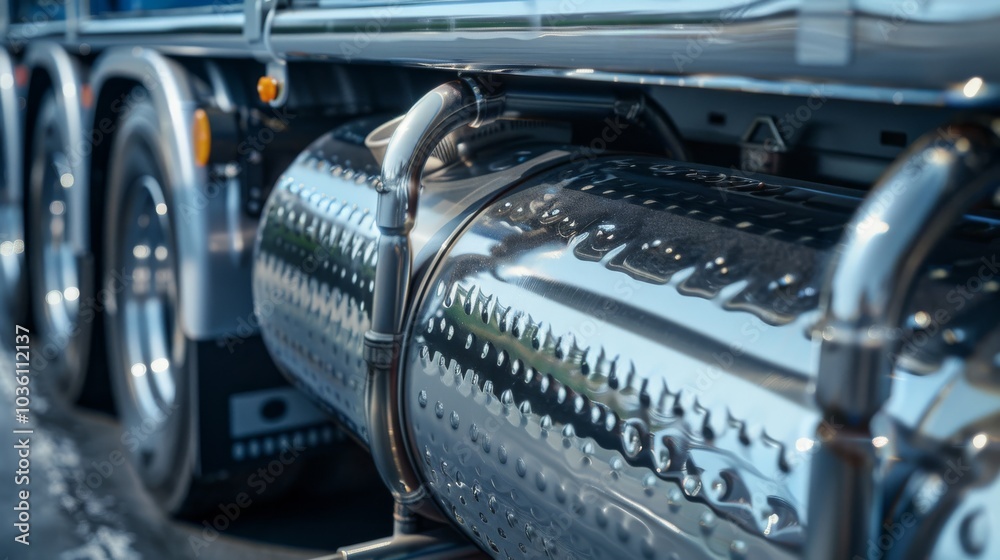 A detailed view of a truck's fuel tank and exhaust system, with metallic textures and reflections, Industrial setting with functional elements A detailed view of a truck's fuel tank and exhaust system, with metallic textures and reflections, Industrial setting with functional elements