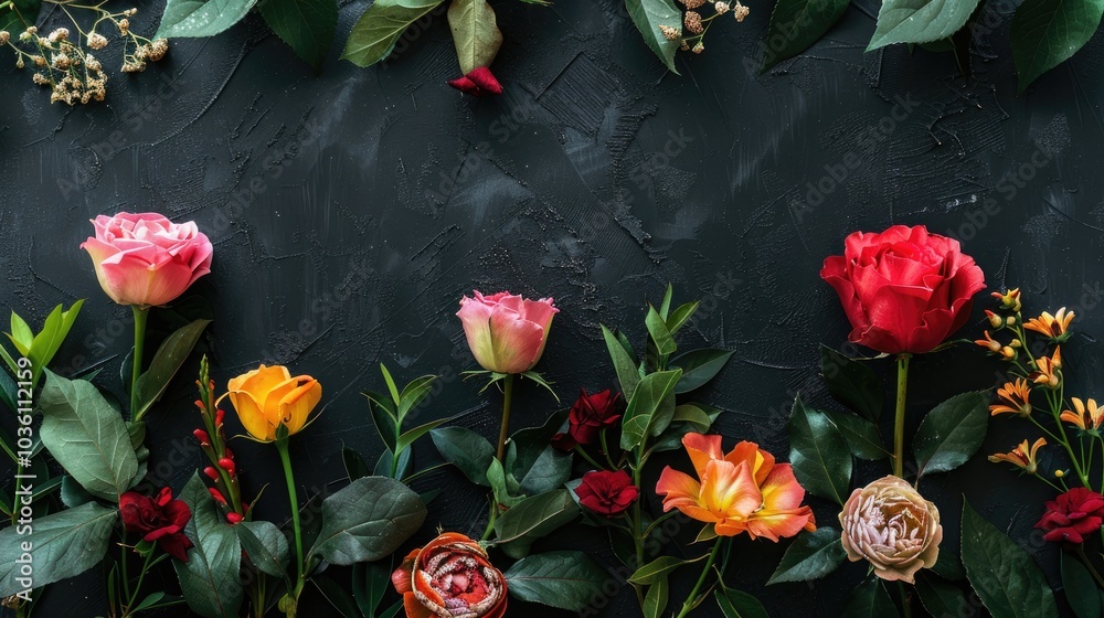 Colorful Flowers On Black Background Studio Composition With Roses And Tulips Colorful Flowers On Black Background Studio Composition With Roses And Tulips
