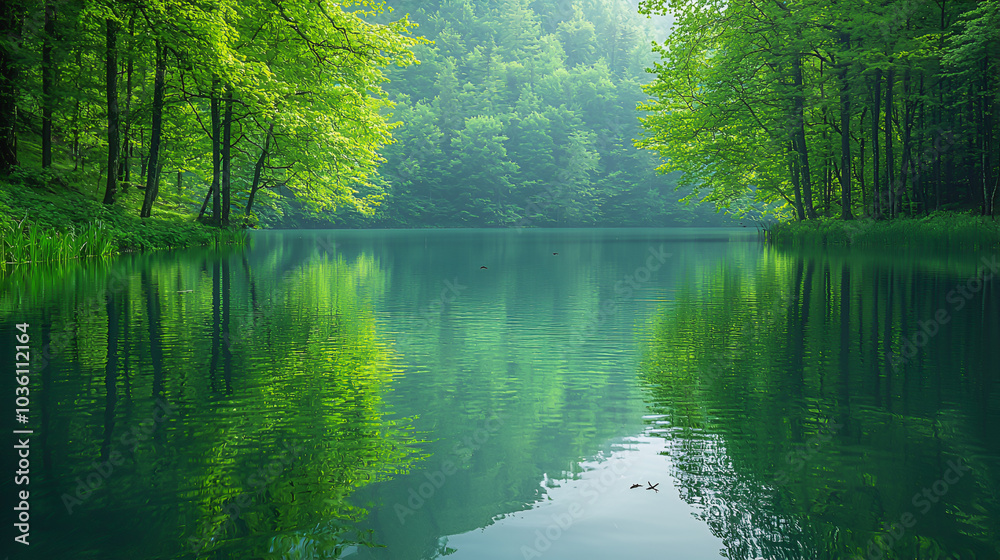 Peaceful lake surrounded by lush green trees under the bright morning sun.
Peaceful lake surrounded by lush green trees under the bright morning sun.