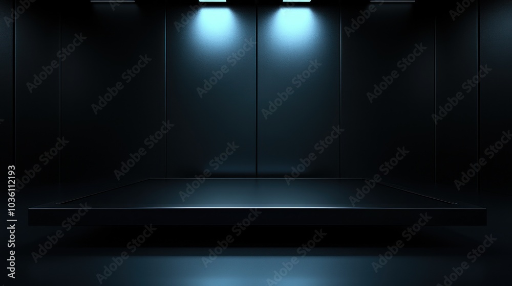 The setting reveals a stark, dark room featuring an empty platform illuminated by soft blue lights. The ambiance creates a sense of mystery, enhancing the surroundings for creative use The setting reveals a stark, dark room featuring an empty platform illuminated by soft blue lights. The ambiance creates a sense of mystery, enhancing the surroundings for creative use