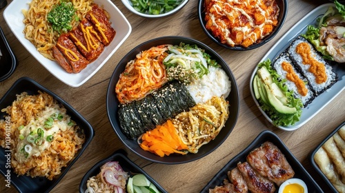 Korean cuisine combo featuring Bibimbap Tteok bokki and Samgyeopsal served with Kimchi showcasing a variety of traditional dishes photo