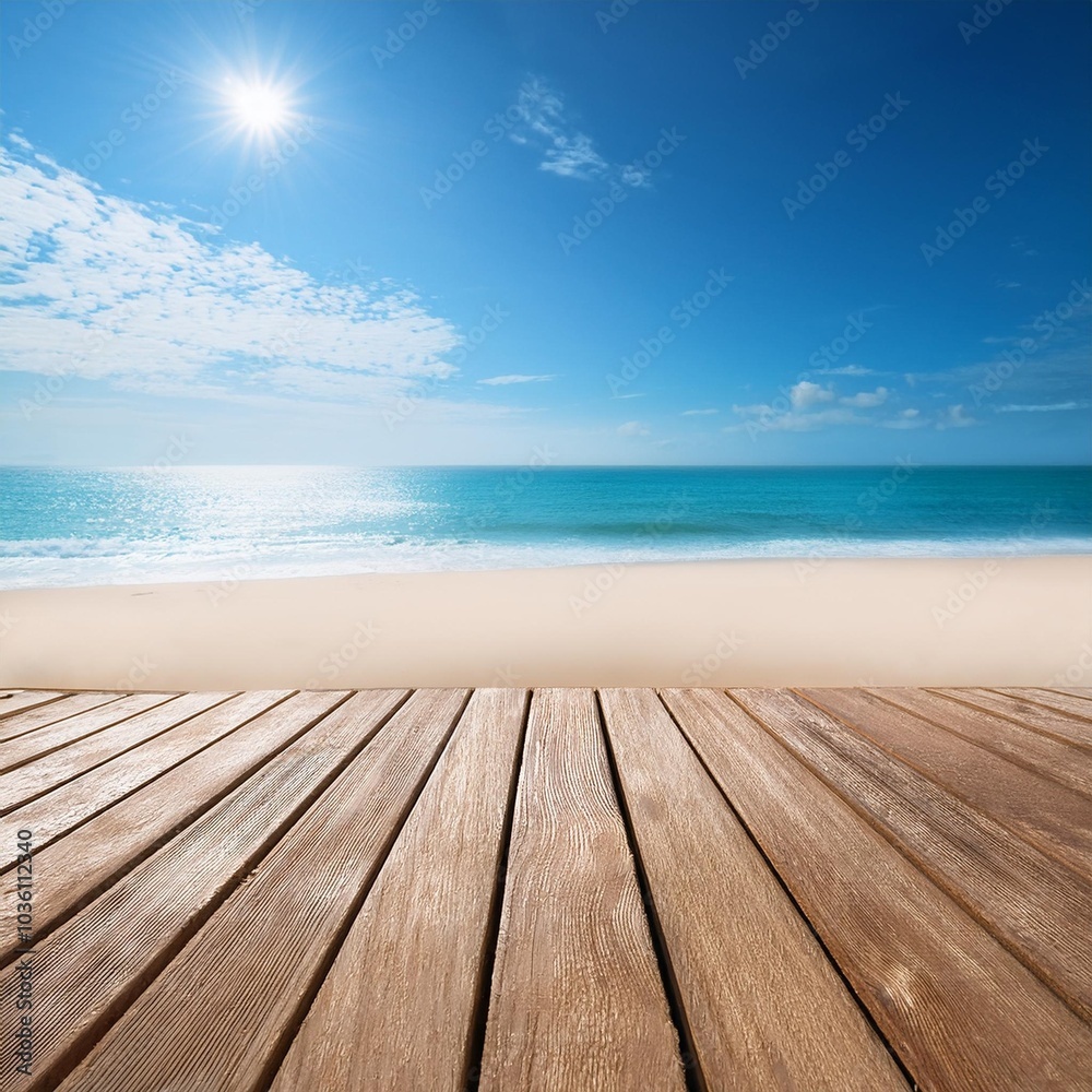 light flat wooden plank platform on sandy beach sunny day blue sky background mockup product display light flat wooden plank platform on sandy beach sunny day blue sky background mockup product display