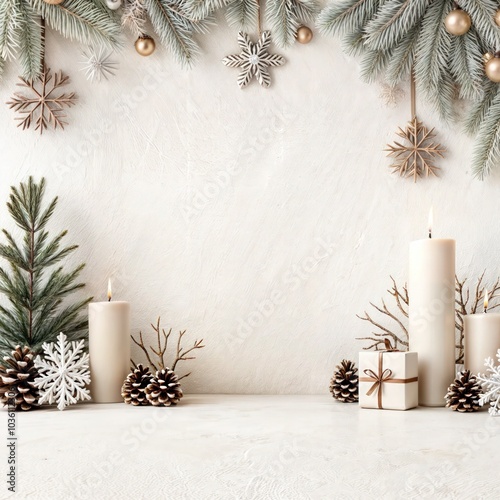 Obraz na płótnie Minimalist Christmas decor with candles, pinecones, and snowflakes on a white background, festive holiday design w salonie