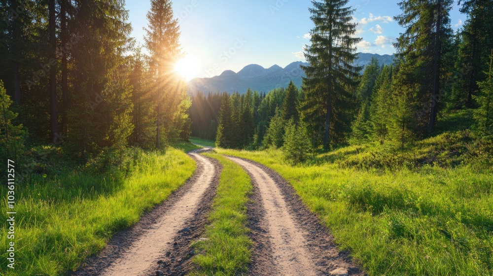A winding dirt path runs through a vibrant green forest, bathed in golden sunlight at dawn. Tall evergreens stand majestically, creating a peaceful atmosphere perfect for a morning stroll A winding dirt path runs through a vibrant green forest, bathed in golden sunlight at dawn. Tall evergreens stand majestically, creating a peaceful atmosphere perfect for a morning stroll