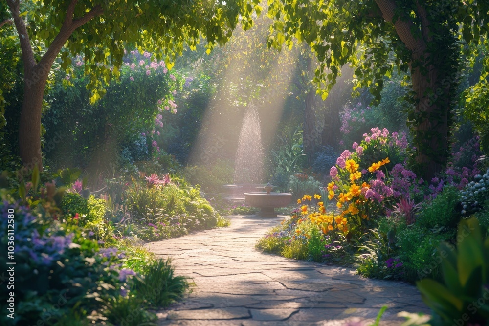 A quiet, peaceful stone path winding through a lush garden with tall green trees A quiet, peaceful stone path winding through a lush garden with tall green trees