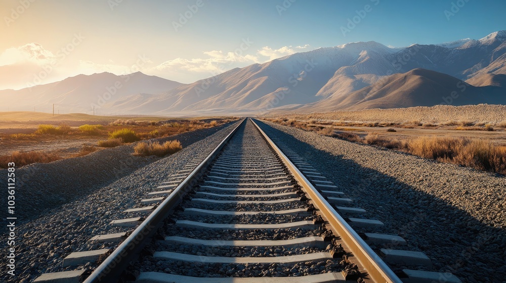 Fototapeta premium Railway track winding towards mountains beneath a clear sky ideal for themes of travel adventure and transportation design
