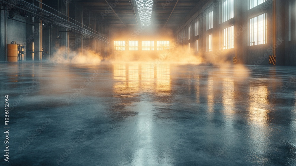 Sleek Modern Factory Interior, showcasing a pristine polished concrete floor, emphasizing minimalism and industrial design elegance.