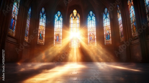 Golden light shining through the stained glass windows of an old church, symbolizing the beauty of religious architecture and spirituality