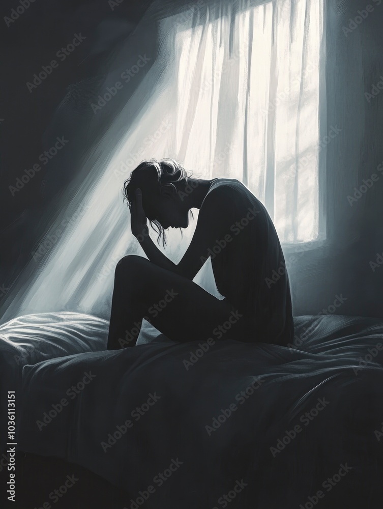 A realistic image of a person sitting on the edge of a bed, head resting in their hands A realistic image of a person sitting on the edge of a bed, head resting in their hands