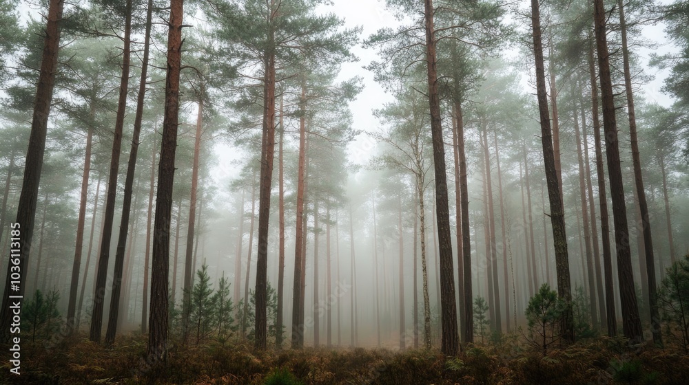 Fototapeta premium Tall pine trees wrapped in thick fog evoke a serene and mysterious ambiance as mist blankets the forest enhancing the feeling of tranquility