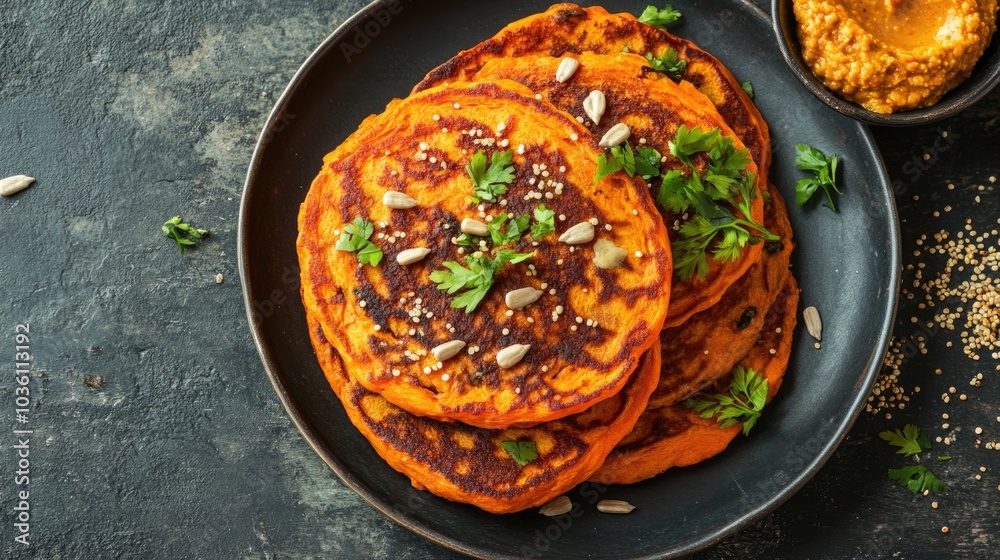 Carrot and quinoa pancakes on a plate garnished with paprika hummus and sunflower seeds A representation of healthy vegetarian cuisine and plant based eating Carrot and quinoa pancakes on a plate garnished with paprika hummus and sunflower seeds A representation of healthy vegetarian cuisine and plant based eating