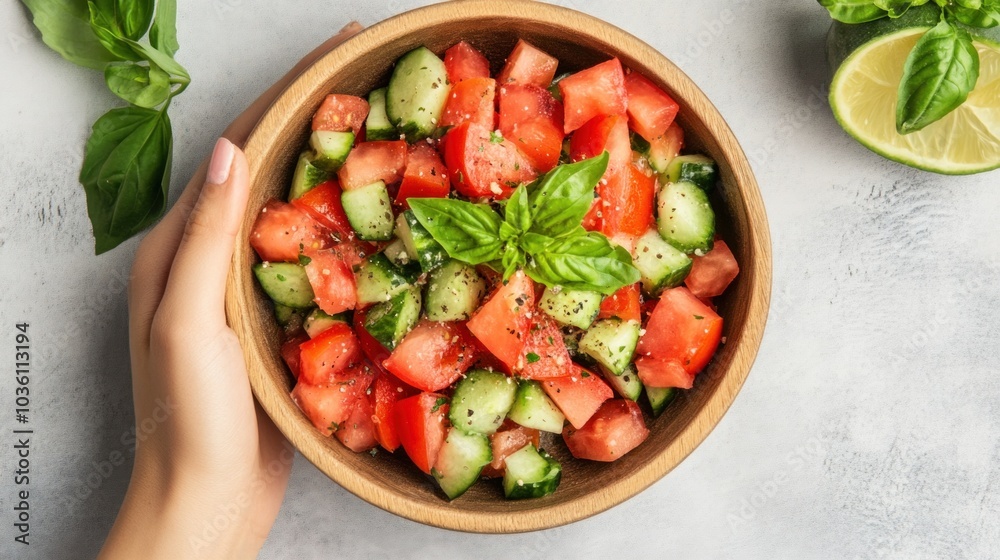 A hand holds a wooden bowl filled with a vibrant cucumber and tomato salad, garnished with fresh basil leaves, perfect for a healthy meal or snack option A hand holds a wooden bowl filled with a vibrant cucumber and tomato salad, garnished with fresh basil leaves, perfect for a healthy meal or snack option
