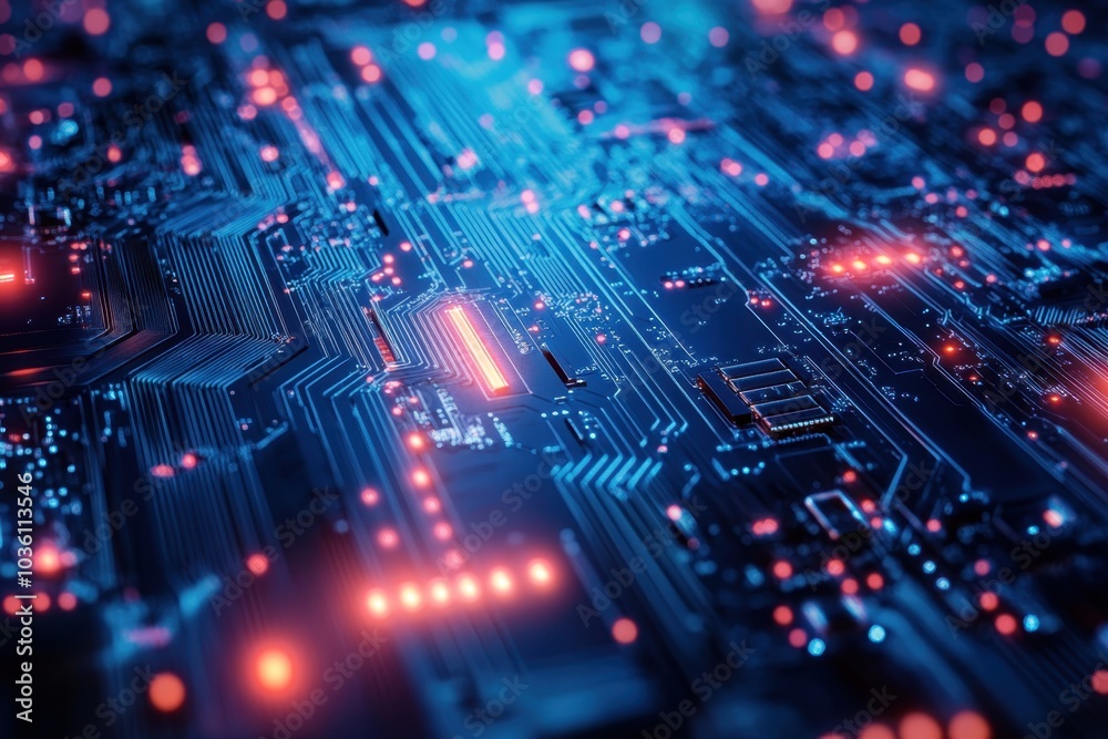Close-up view of a vibrant microprocessor circuit board with glowing components and intricate pathways at night Close-up view of a vibrant microprocessor circuit board with glowing components and intricate pathways at night