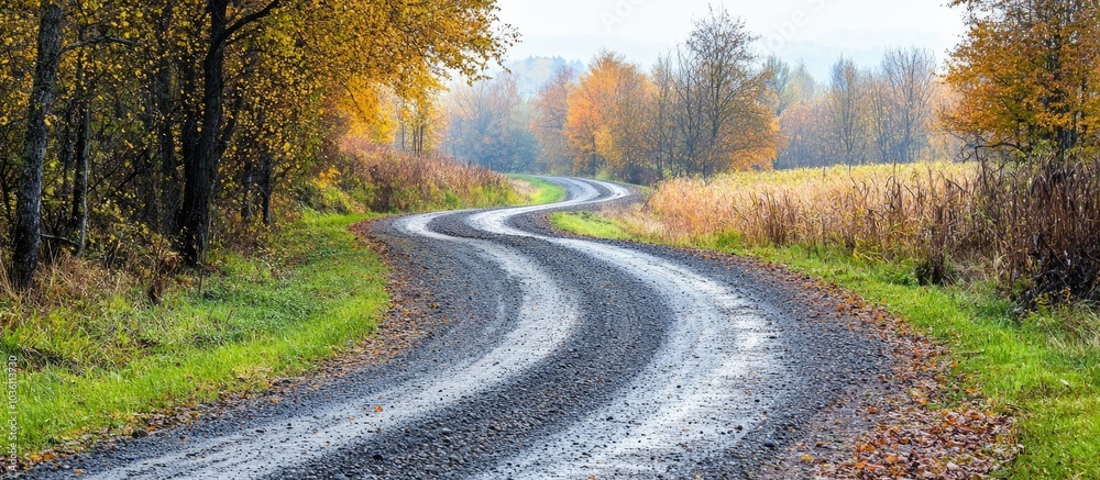 Beautiful Curvy Countryside Gravel Road With Autumn Trees On Sides Photo Taken On A Lovely Autumn Day In Countryside Beautiful Curvy Countryside Gravel Road With Autumn Trees On Sides Photo Taken On A Lovely Autumn Day In Countryside