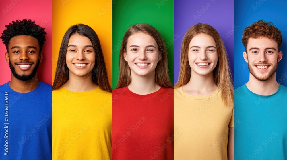 Five young adults stand next to each other, each wearing a brightly colored shirt. They are smiling against a backdrop of vivid hues, representing diversity and positivity in a lively atmosphere Five young adults stand next to each other, each wearing a brightly colored shirt. They are smiling against a backdrop of vivid hues, representing diversity and positivity in a lively atmosphere