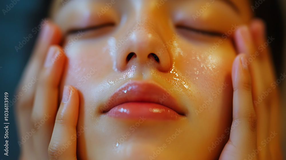 A woman with her hands on her face, her eyes closed A woman with her hands on her face, her eyes closed