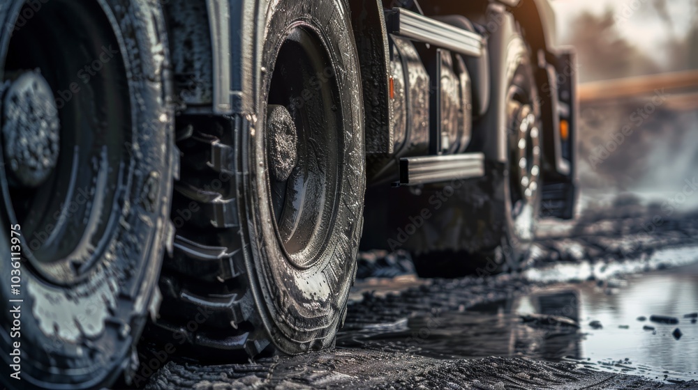 A detailed view of a truck's wheel and mudguard, with textures of rubber and metal, Urban setting with gritty details A detailed view of a truck's wheel and mudguard, with textures of rubber and metal, Urban setting with gritty details