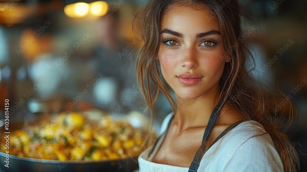Fototapeta premium A young woman wearing an apron stands in a lively restaurant kitchen, smiling as she holds a large pan filled with colorful paella, showcasing her culinary skill and enthusiasm