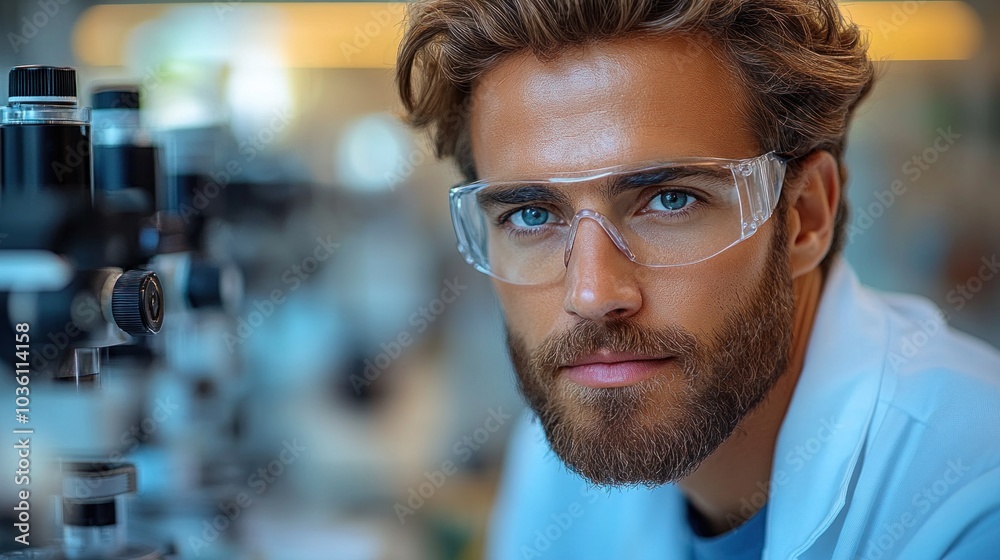 A focused scientist in protective eyewear studies samples through a microscope in a contemporary laboratory filled with scientific equipment and tools A focused scientist in protective eyewear studies samples through a microscope in a contemporary laboratory filled with scientific equipment and tools