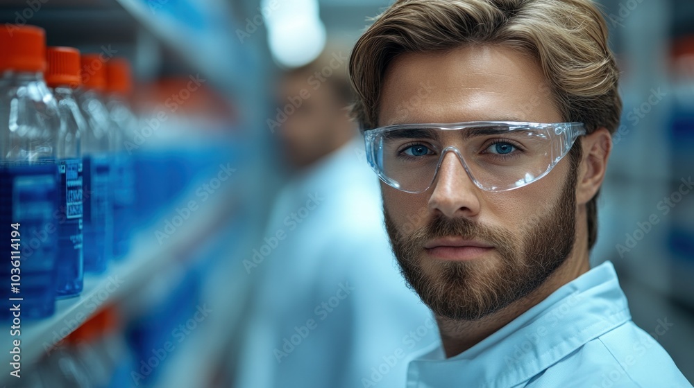 A young laboratory technician with a short beard and protective eyewear observes various blue liquid samples stored on shelves in a high-tech research facility A young laboratory technician with a short beard and protective eyewear observes various blue liquid samples stored on shelves in a high-tech research facility